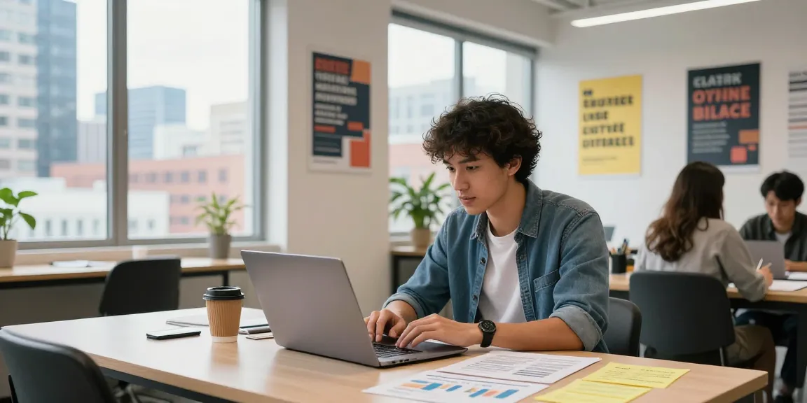 Aspiring entrepreneur at https://www.startsomethingpc.com creating a business plan in a vibrant co-working space.