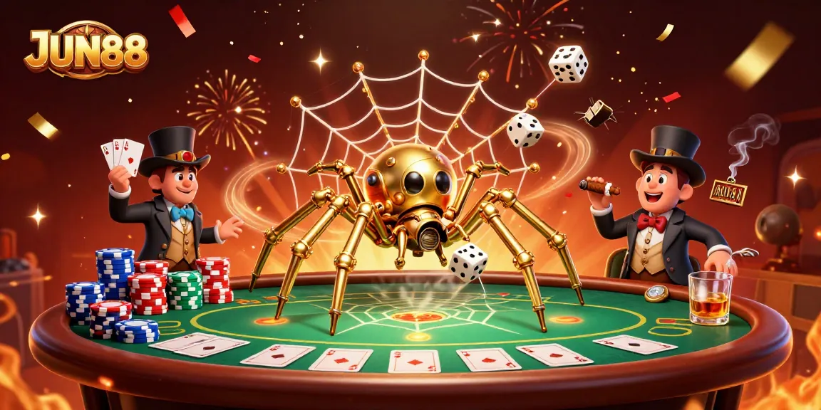 Experience the excitement of JUN88 with a golden spider web, poker elements, and vibrant casino atmosphere.