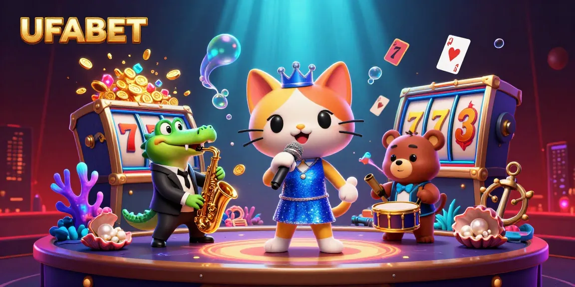 Experience the excitement of UFABET with vibrant characters and stunning casino elements in this dynamic scene.