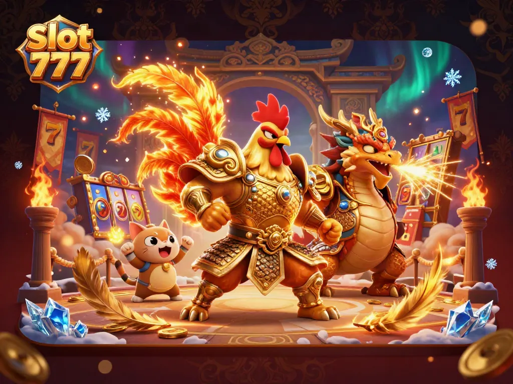 Menangkan jackpot dengan slot 777 di tengah arena kasino yang penuh warna dan elemen menarik.