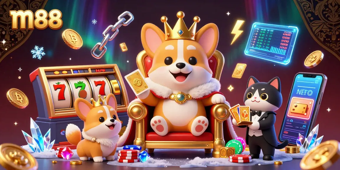 Experience thrilling gaming at m88 with a royal corgi surrounded by vibrant slot symbols and crypto elements.