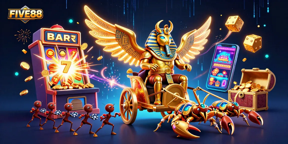 Experience exciting gameplay at FIVE88 with a majestic scarab beetle, elite chariot, and thrilling casino elements.