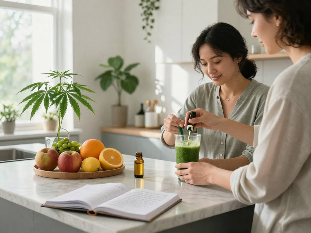 Top shelf flower delivery, CBD oil used in a healthy smoothie routine, premium wellness products, natural ingredients, inviting kitchen atmosphere