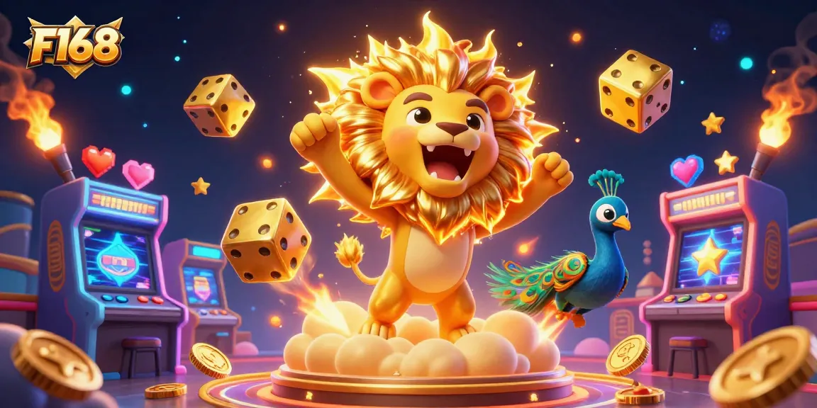Engage with thrilling F168 gaming adventures featuring a roaring lion and golden casino elements.