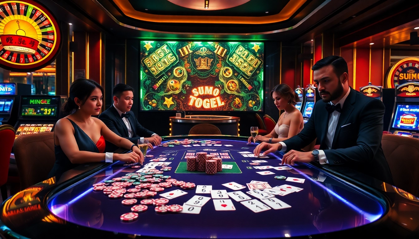 Pemain yang bersemangat bermain Sumo Togel di meja kasino yang semarak dengan chip berwarna-warni dan suasana mewah.