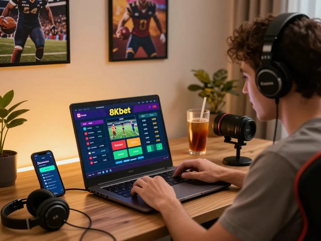 Engaged user on 8kbet online betting platform in modern workspace.
