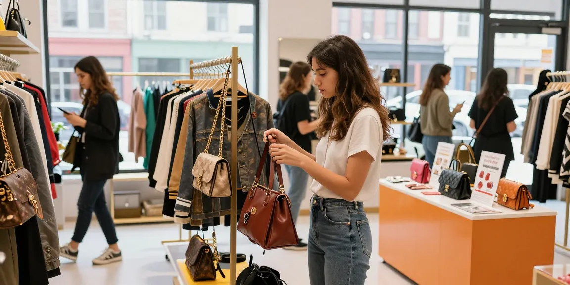 Young woman exploring the selection at a 레플리카 쇼핑몰, showcasing trendy replica handbags.