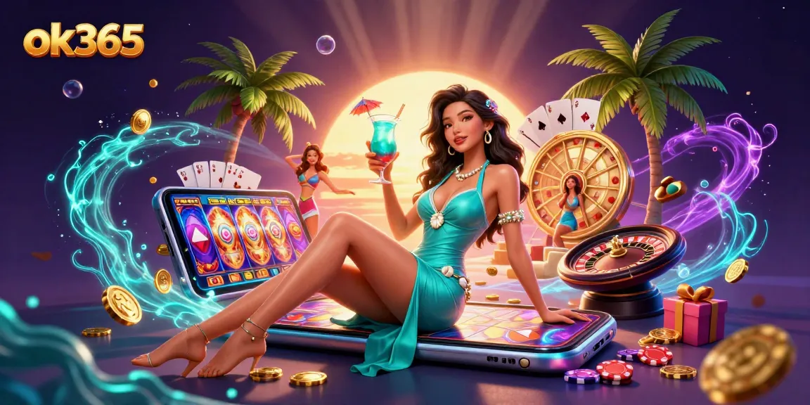 Experience thrilling gambling action with ok365 in a vibrant casino resort scene featuring slots and cocktails.