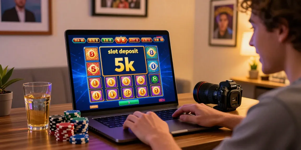Engaging scene of online player enjoying a slot deposit 5k game at home, vibrant graphics and excitement.