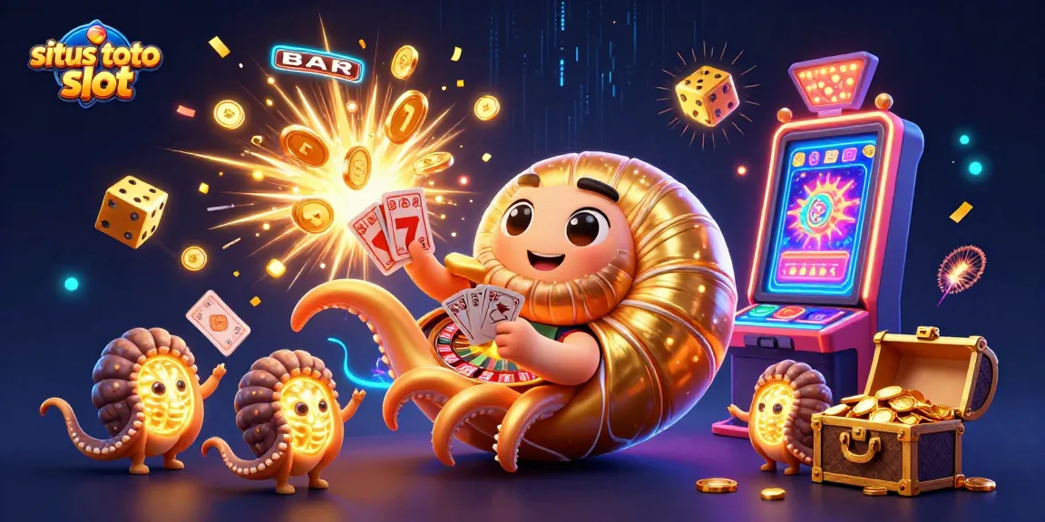 Engage with situs toto slot games illustrated by a vibrant 3D scene of a nautilus roulette wheel and jackpot elements.