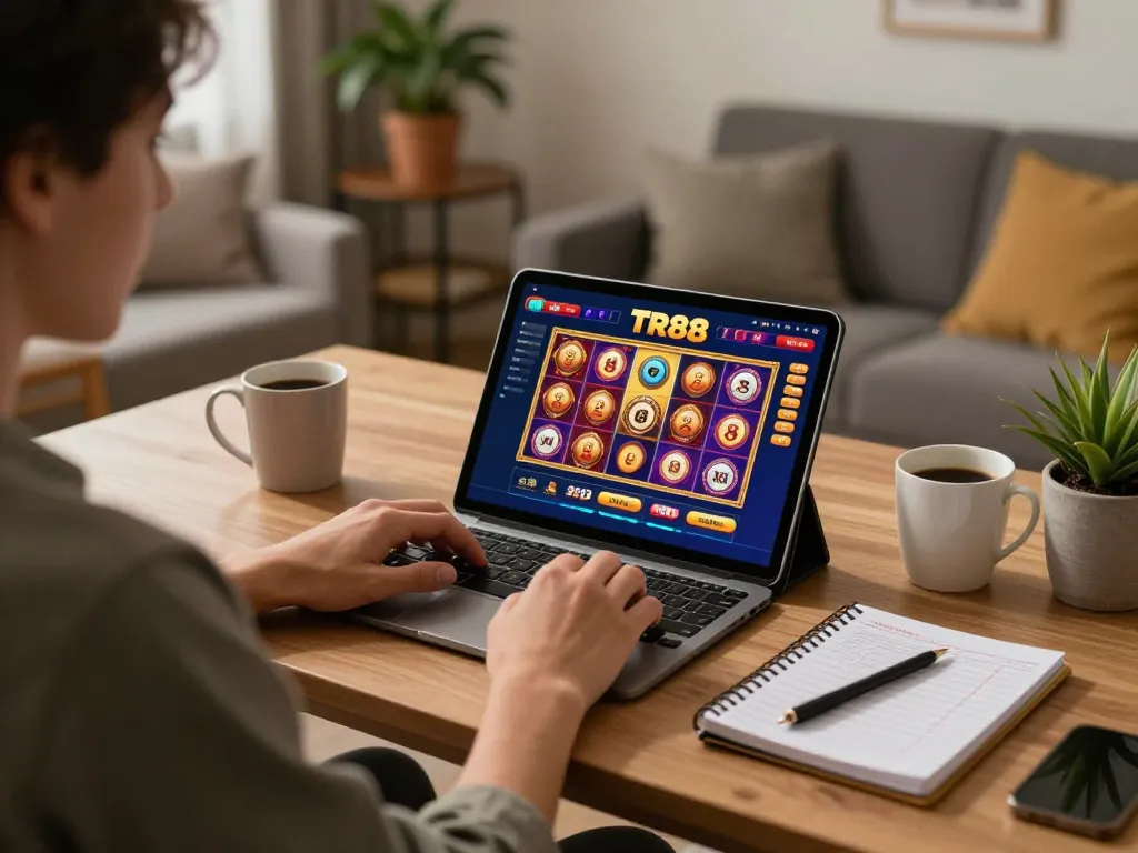 Engaging with the TR88 casino app at home while tracking betting strategies on a cozy setup