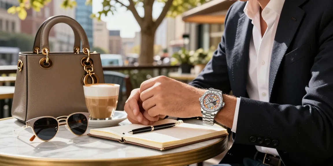 Elegant individual showcasing a replica watch at a chic café, representing luxury lifestyle.