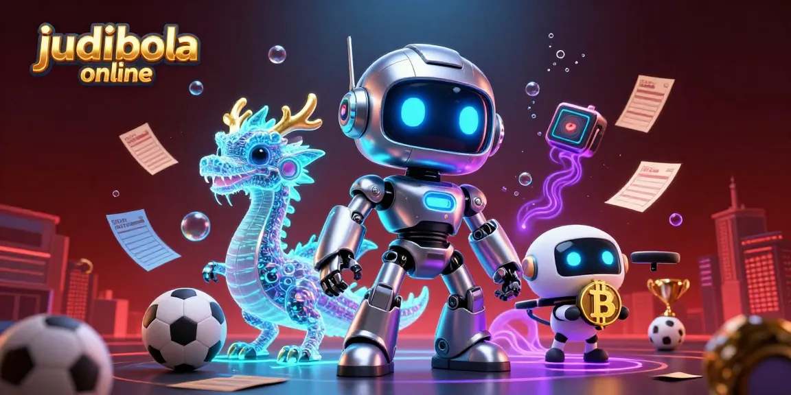 Watch the exciting judi bola online scene with sports betting elements featuring a cyberpunk robot and AI dragon.