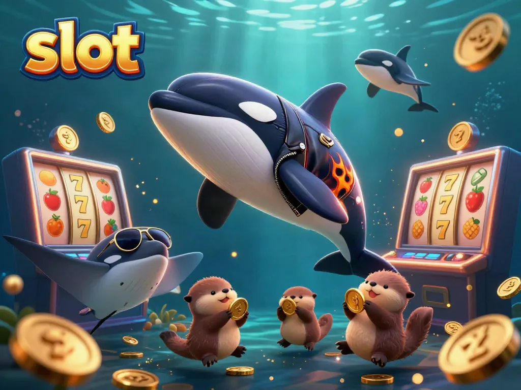 Experience the thrill of slot machines with a fun scene featuring a jumping orca, a stingray, and otters with coins.