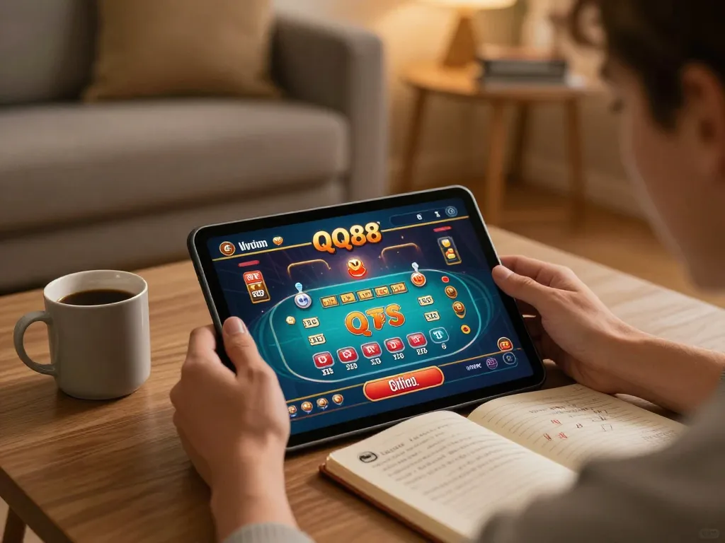 Engaged player enjoying QQ88 online casino games on a tablet in a cozy setting, representing strategic gameplay