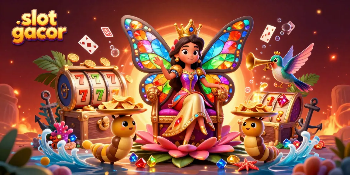 Engage with slot gacor in a vibrant 3D illustration featuring a butterfly queen and playing elements.