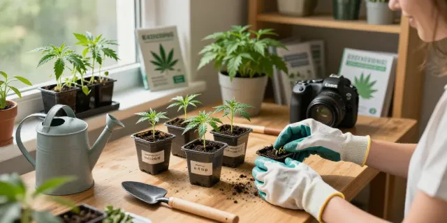 Cannabissamen kaufen und pflanzen: Eine Person setzt Cannabis Samen in Töpfe in einem hellen, einladenden Indoor-Gartenbereich.