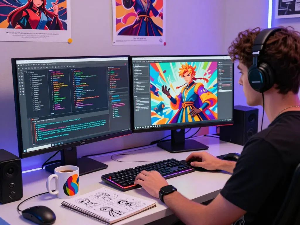 Creative workspace featuring NSFW AI character design process with dual screens and artistic elements.