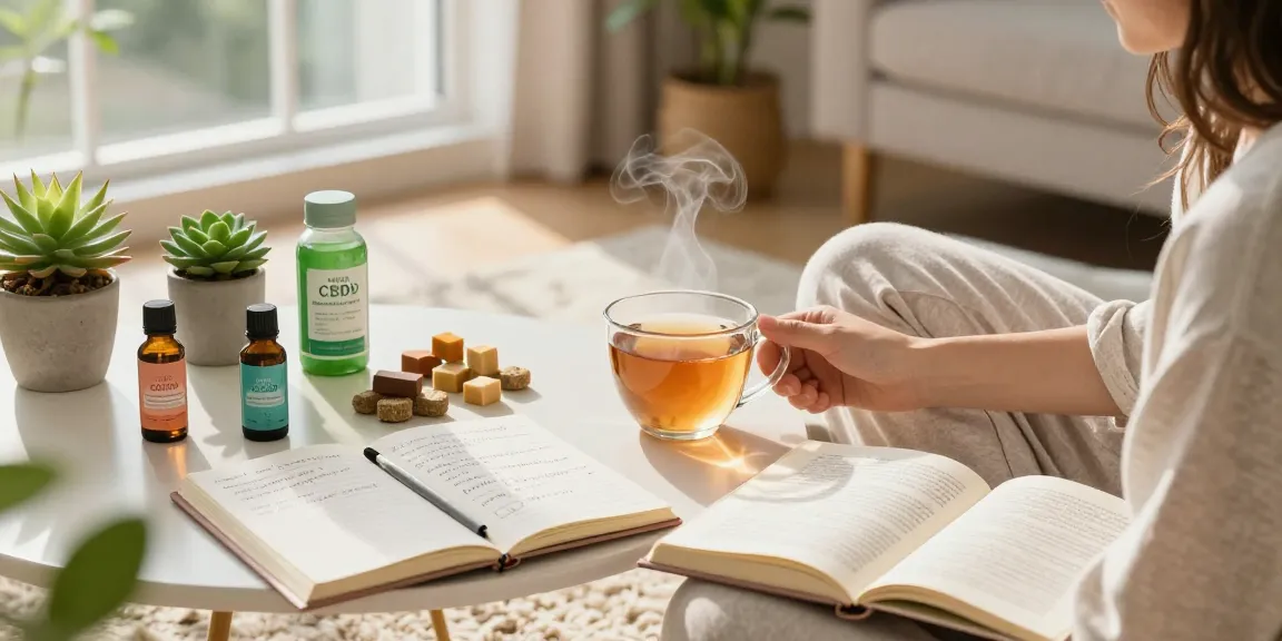 Embracing a proper loud wellness moment with CBD oil, natural tea, and journaling amidst a cozy living room setting.