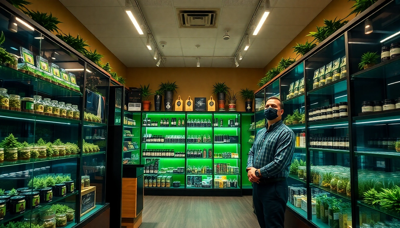 Can you buy weed on the internet? Welcoming cannabis dispensary with bright displays showcasing buds.