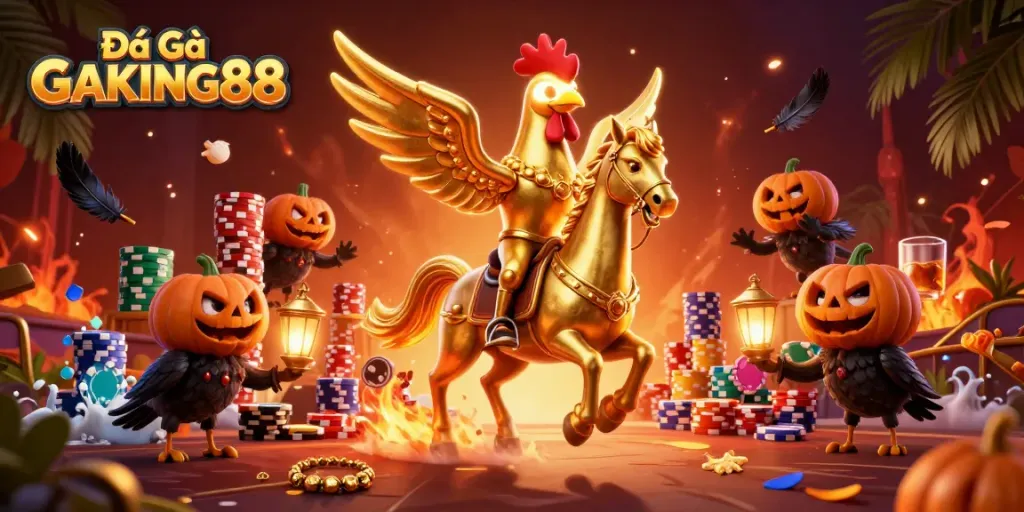 Experience the thrill of Đá Gà GAKING88 in a lively casino scene filled with golden roosters and vibrant elements.