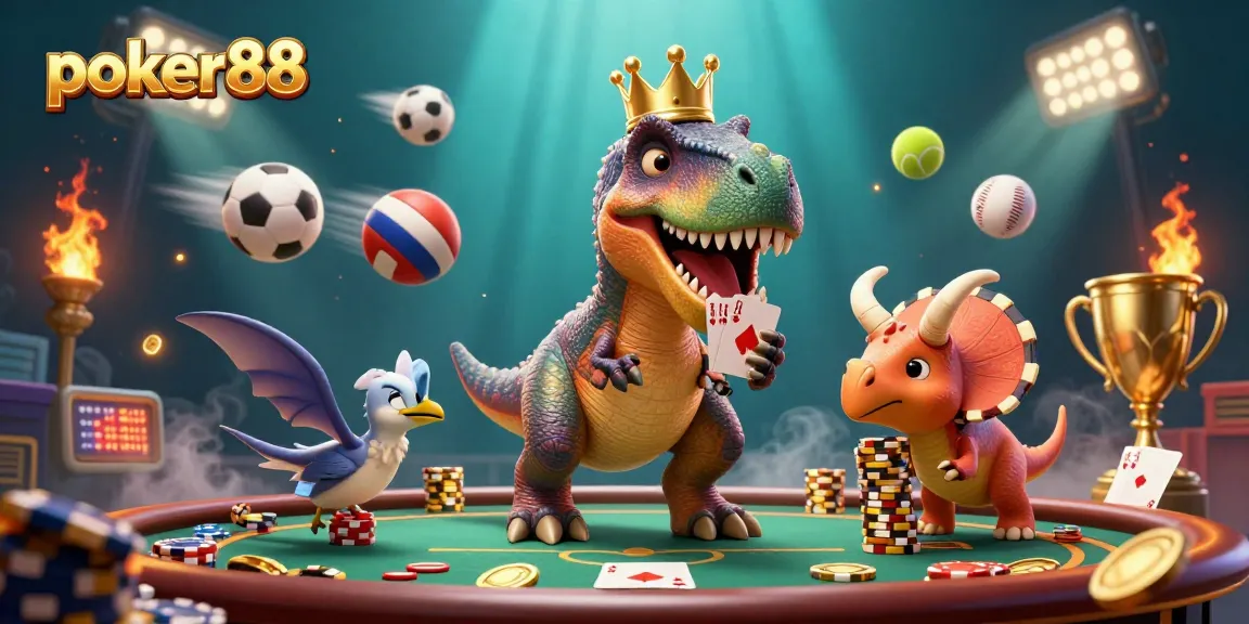 Engage with poker88 in a dynamic casino scene featuring friendly characters shuffling cards and stacking chips.