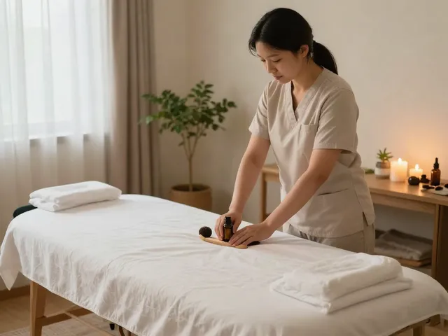 Experience in a serene massage therapy room for 화곡동출장마사지, showcasing a calming atmosphere with essential oils and soft lighting.