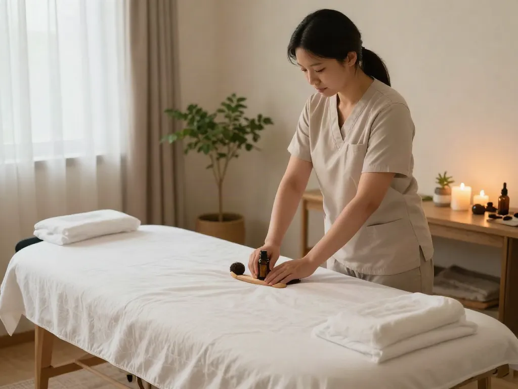 Experience in a serene massage therapy room for 화곡동출장마사지, showcasing a calming atmosphere with essential oils and soft lighting.