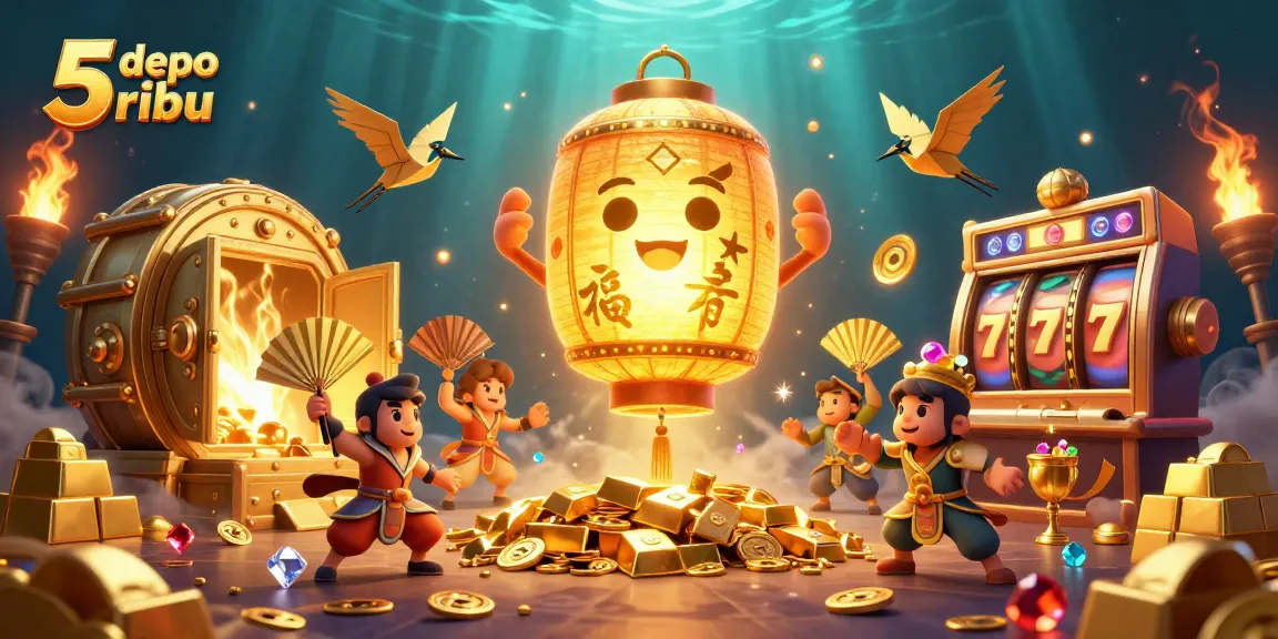 Experience the excitement of slot depo 5 ribu with dynamic reels and golden treasures amidst a vibrant casino scene.