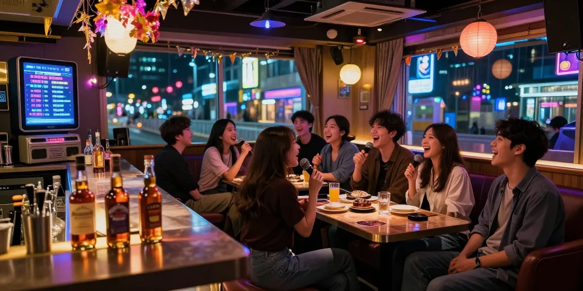 Jeju nightlife experience with friends at a lively karaoke bar showcasing 제주유흥 culture.