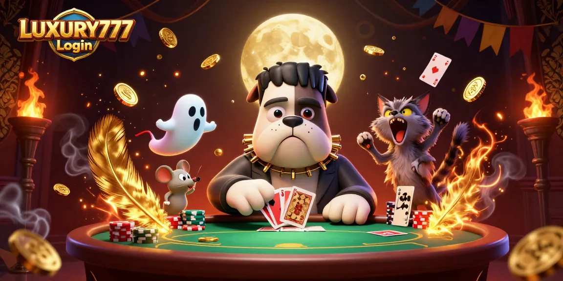 Memenangkan poker di LUXURY777 Login dengan kartu dan koin berkilau yang mengelilingi karakter lucu.