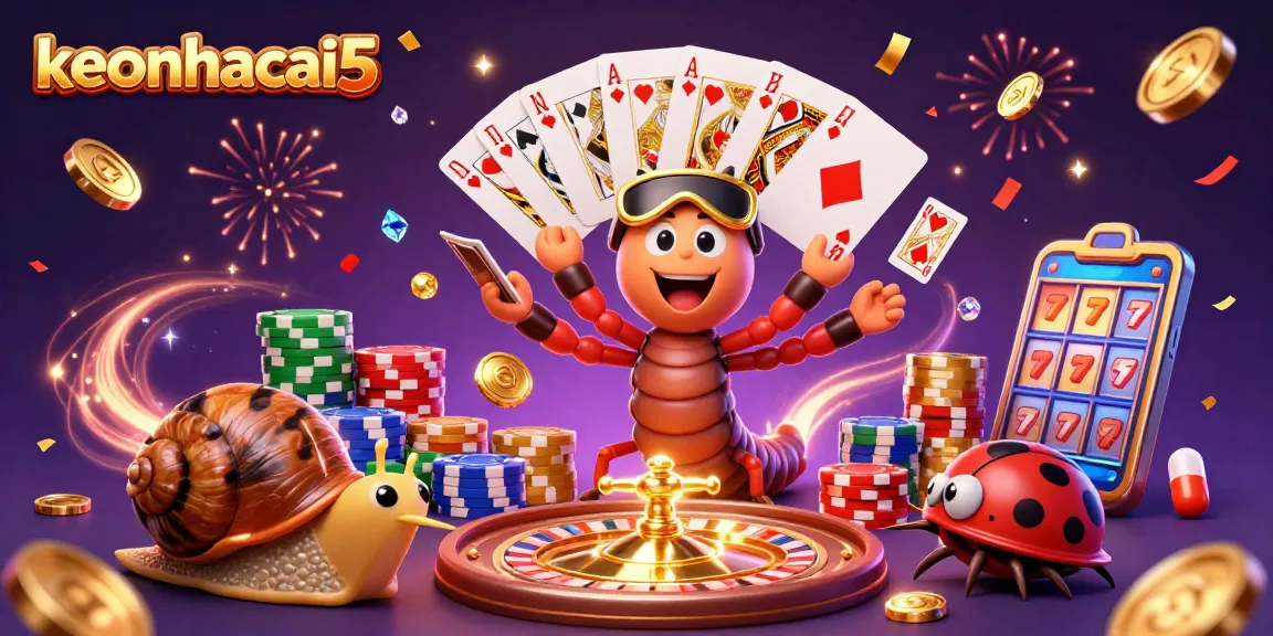 Experience the thrill of betting at keonhacai5 with a vibrant casino scene featuring lively characters and dynamic game elements.