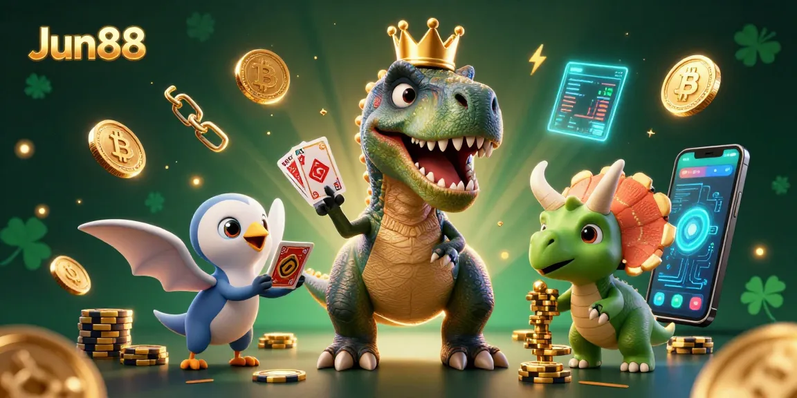 Experience the excitement of Jun88 with a colorful T-Rex and friends in this vibrant casino scene.