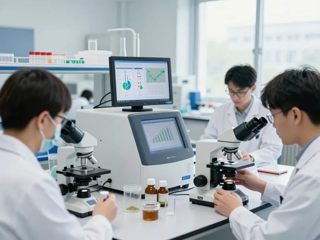 Innovative EU cannabinoid manufacturer research lab with scientists analyzing hemp extracts