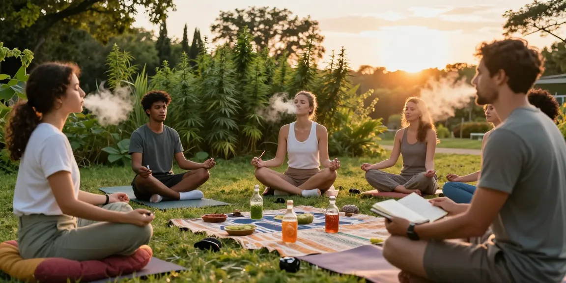 Natural wellness gathering featuring muha med vape use in serene outdoor setting, promoting community and relaxation with CBD.