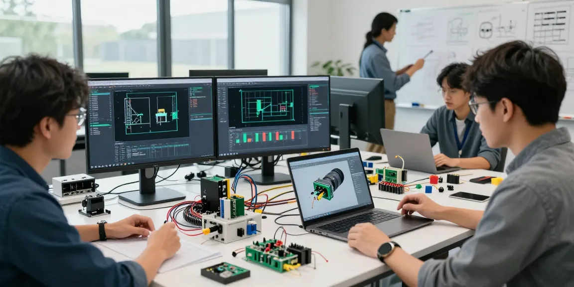 Engineers collaborating on wire connectors terminals in a bright electronics workspace