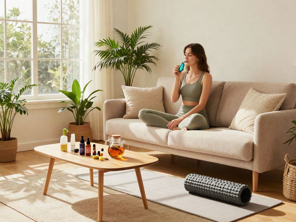 Muha meds disposable vape pen featured in relaxing wellness scene with CBD oils and herbal tea.