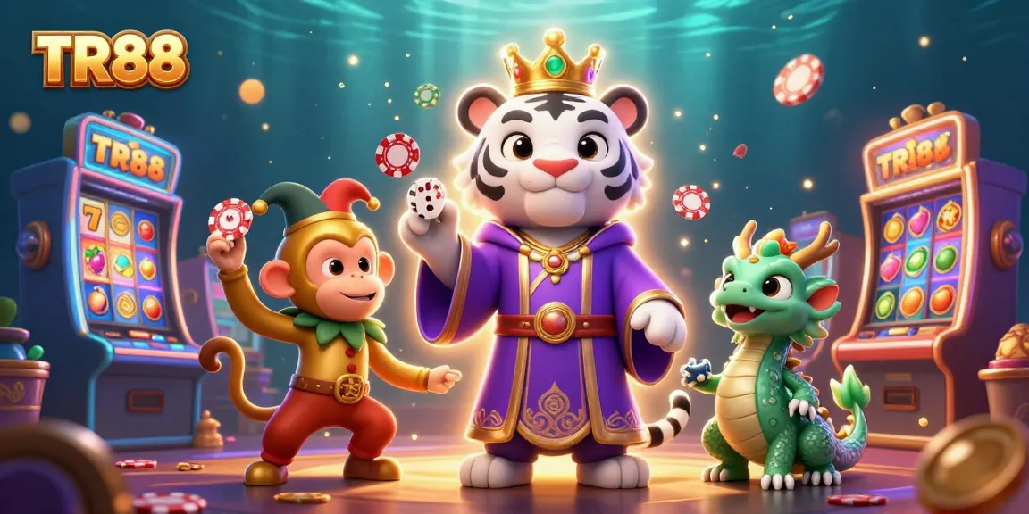 Engage with TR88 in a vibrant casino scene featuring a royal tiger and a jester monkey.