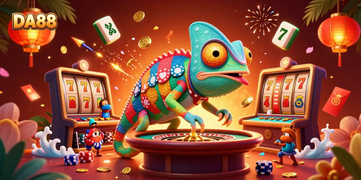 DA88 casino showcasing vibrant gaming elements and lively 3D characters capturing thrilling action