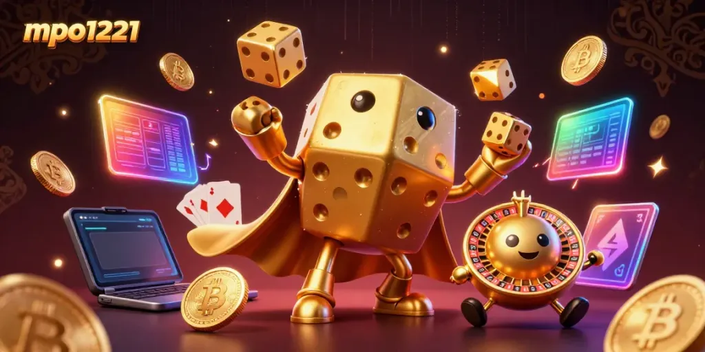 Engage with the mpo1221 gaming experience featuring a golden dice golem and crypto elements.
