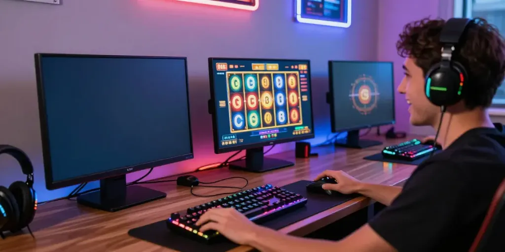 Excited player enjoys slot88 online gaming at vibrant home setup.