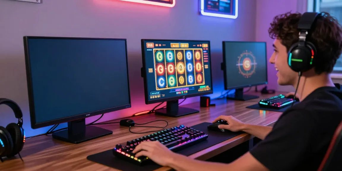 Excited player enjoys slot88 online gaming at vibrant home setup.