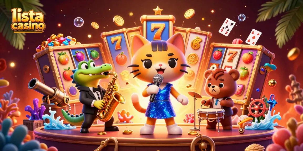 Interagisci con la lista casino online non AAMS attraverso un'illustrazione vivace in 3D che presenta un gatto cantante jazz, un coccodrillo con un sassofono e un orso che suona la batteria in un casi