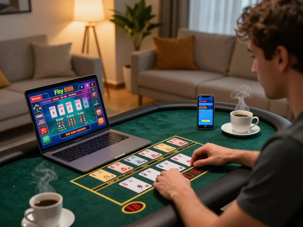 Engaged player using fly88 for live dealer gaming on a laptop at home, illustrating a cozy and strategic gambling atmosphere.