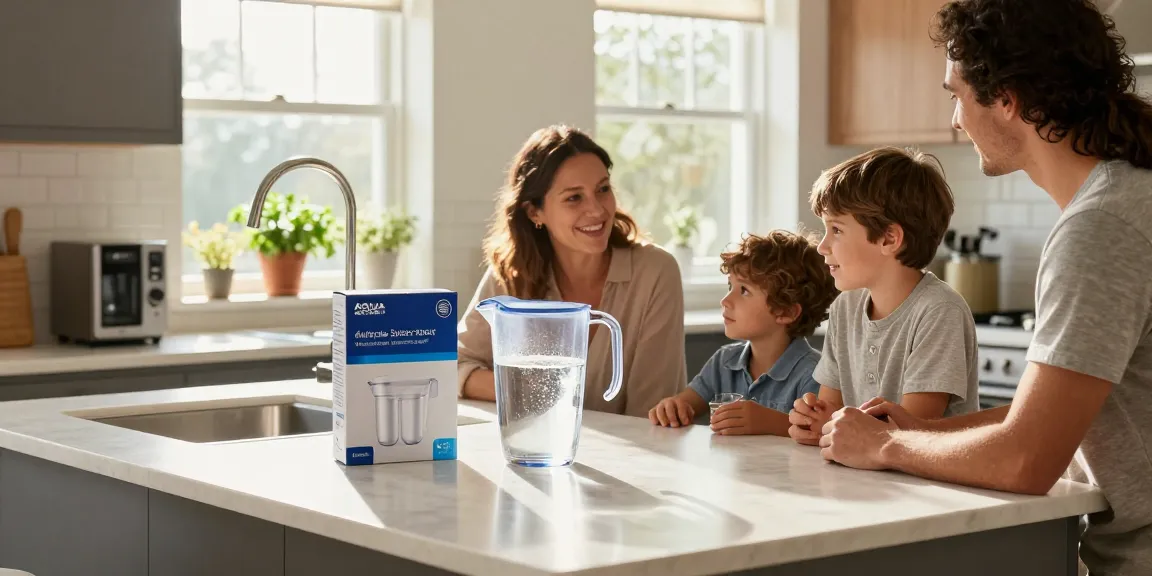 AQUA CREST Multiple-Stage Water Filters showcased in a family kitchen, highlighting the importance of clean drinking water.