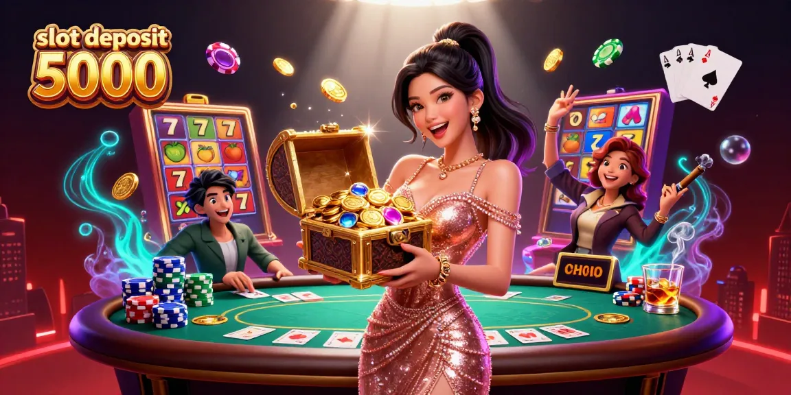 Experience the thrill of slot deposit 5000 with a joyous character surrounded by treasures.