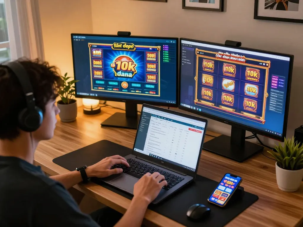 Engaged player exploring slot depo 10k dana options on multiple screens in a cozy home office setup