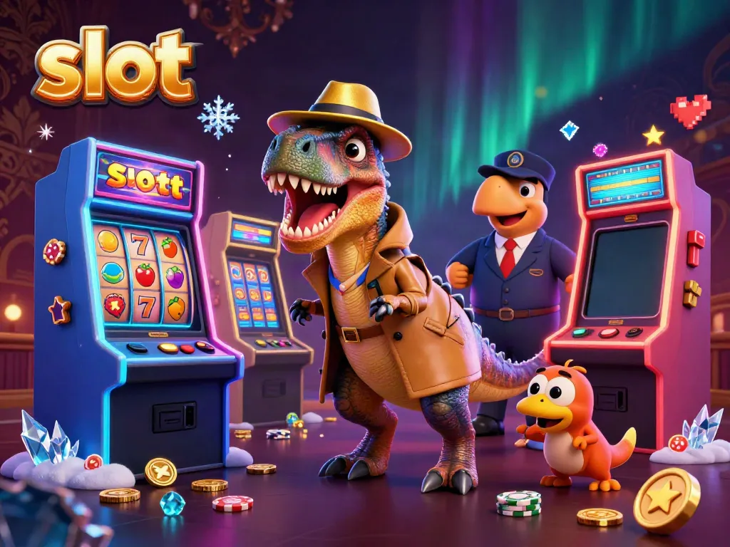 Experience thrilling slot action with a cartoon velociraptor at a slot machine, under the watchful gaze of a stegosaurus.