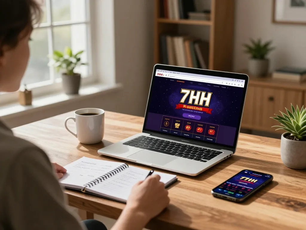 Engaged user playing slots on the 7hh online casino platform from a cozy home office.