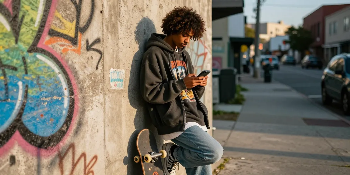 Trendy individual in 레플리카 streetwear outfit checking smartphone against urban graffiti wall.